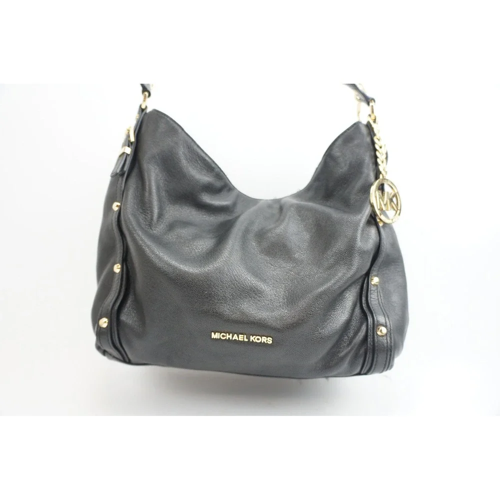 Michael Kors Uptown Shoulder Bag Black Pebbled Leather Gold Studded Hobo EUC